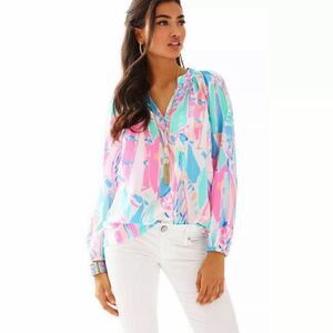 Lilly Pulitzer Elsa Silk Blouse Top Out Tom Sea Pink Blue Boats